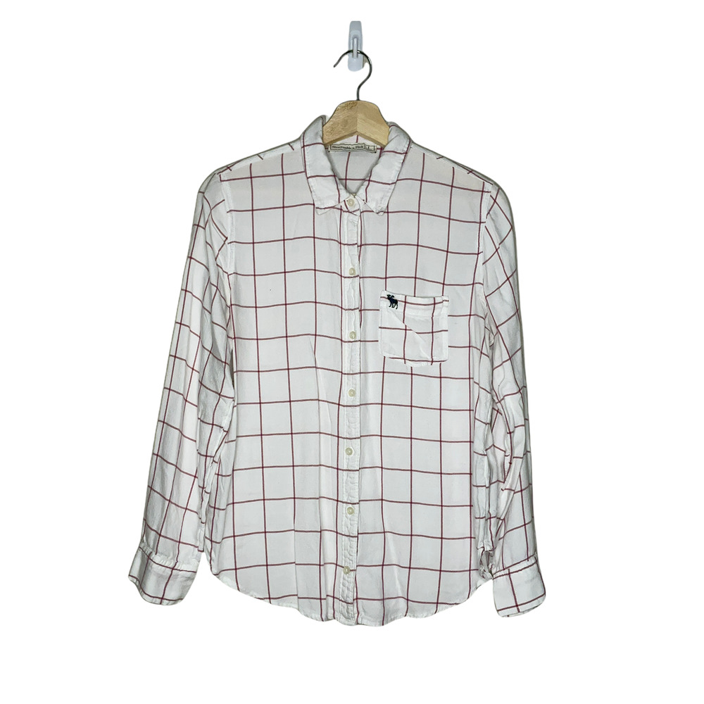 Abercrombie & Fitch Shirt White Red Plaid Button Down Collared Logo Size Large